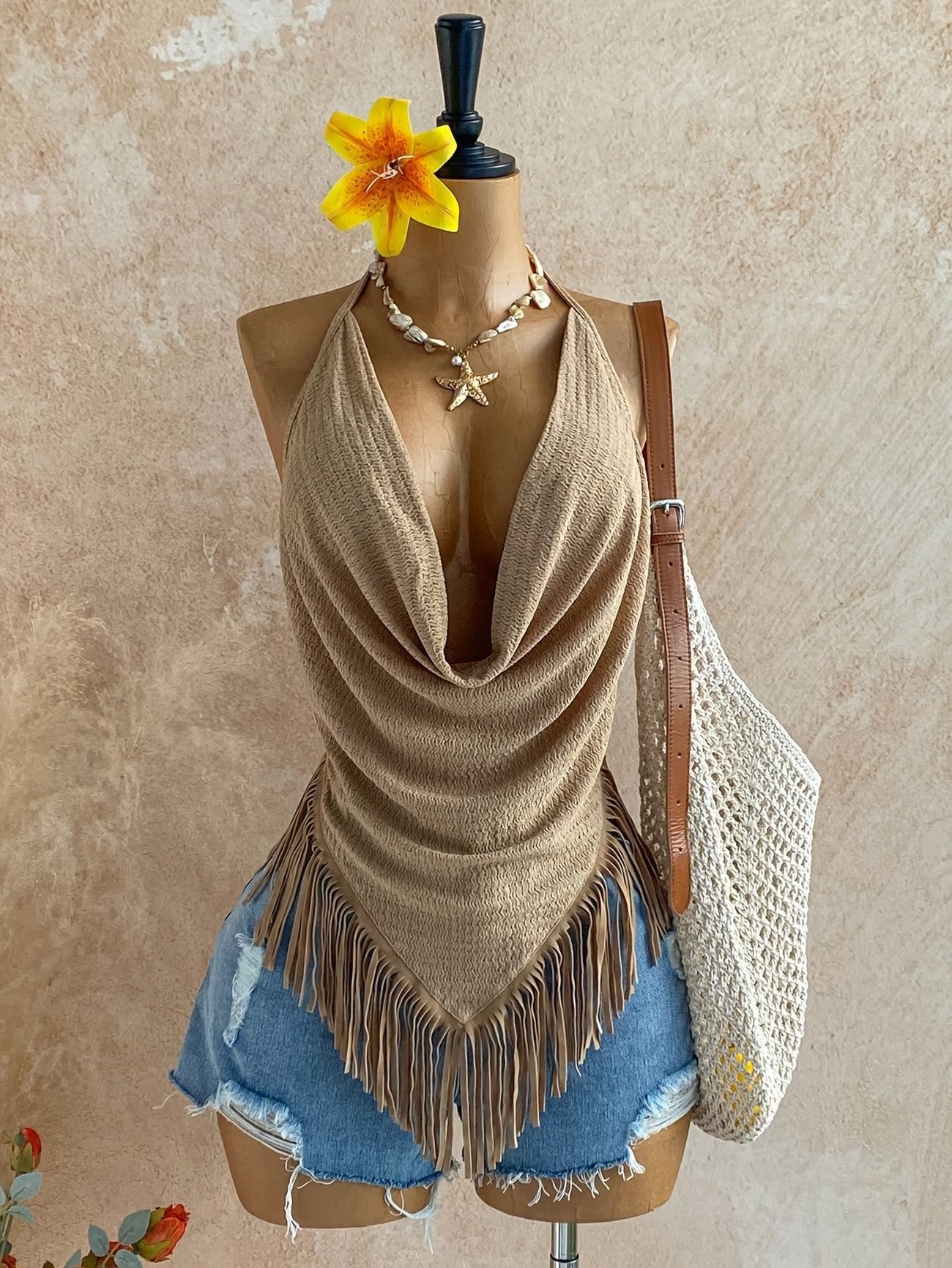 Neck Hanging Sleeveless Maxi Backless Tie Up Top