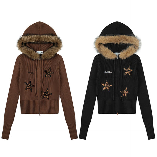 Womens Leopard-Print Star Embroidery Slimming Knitted Coat