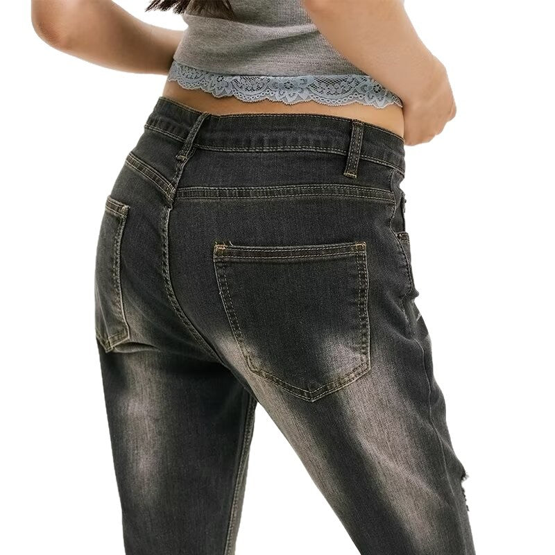 Black And Gray Distressed Flared Jeans Womens New AutumnWinter Style