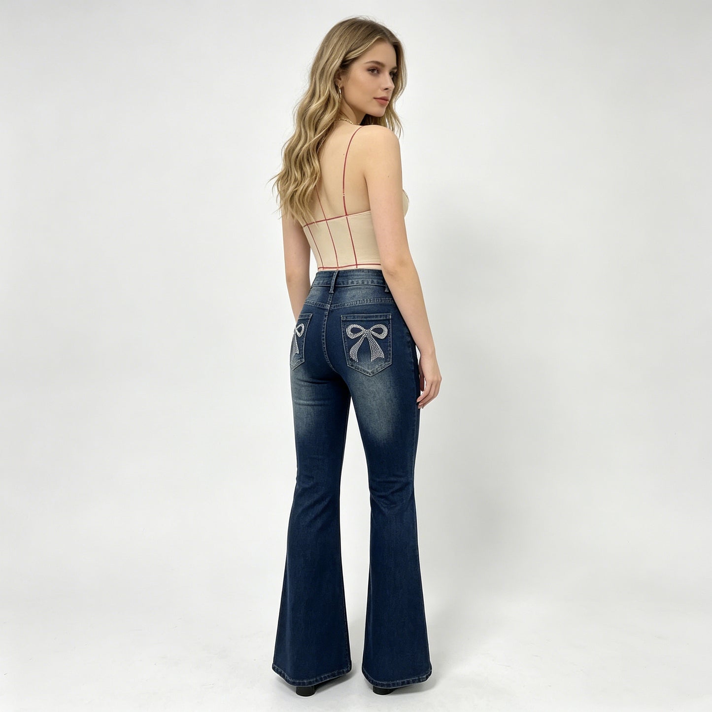 Women's Flared Jeans With Back Pocket Bow & Rhinestone Detail